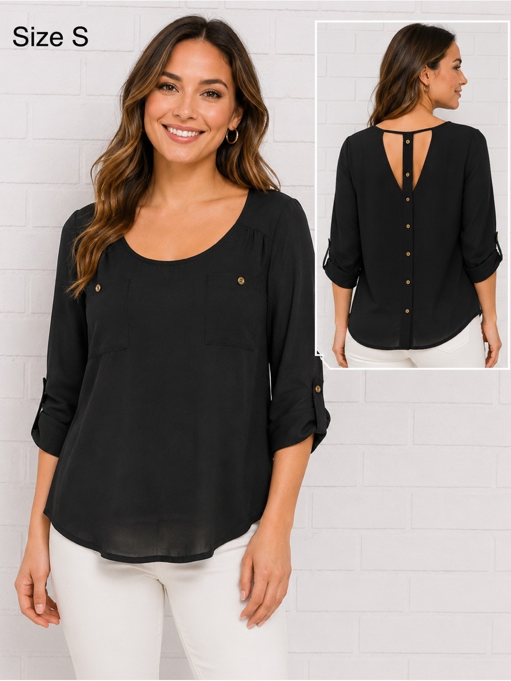 Black Sheer Lightweight Blouse Scoop Neck Button Back/S